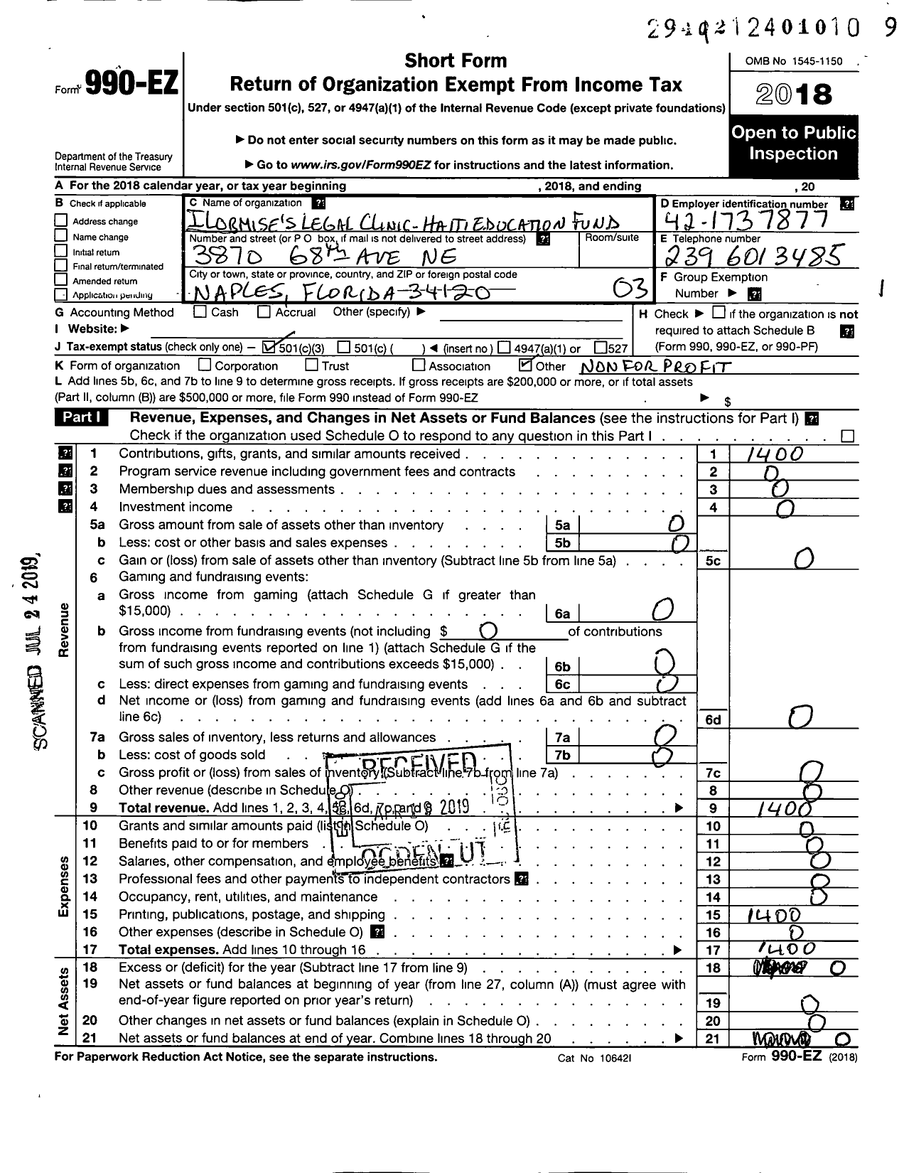 Image of first page of 2018 Form 990EZ for Ilormises Legal Clinic Haiti Education Fund