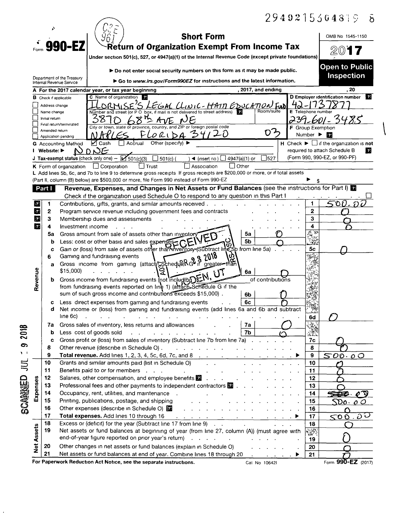 Image of first page of 2017 Form 990EZ for Ilormises Legal Clinic Haiti Education Fund