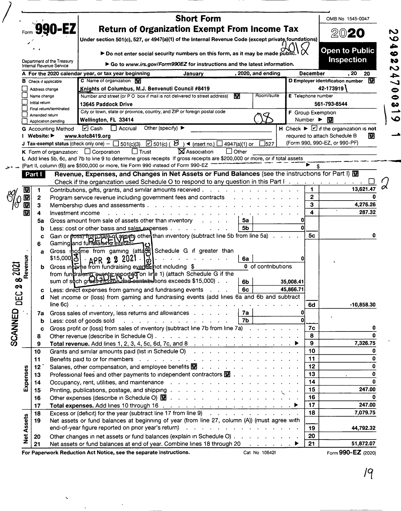 Image of first page of 2020 Form 990EO for KNIGHTS of Columbus - 8419 MJ Benvenuti Council