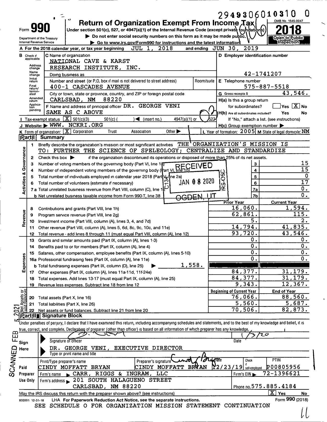 Image of first page of 2018 Form 990 for National Cave and Karst Research Institute