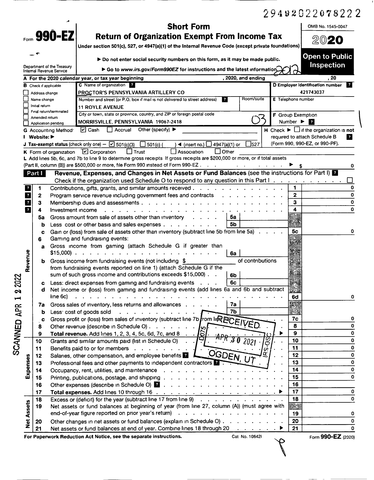 Image of first page of 2020 Form 990EZ for Proctors Pennsylvania Artillery