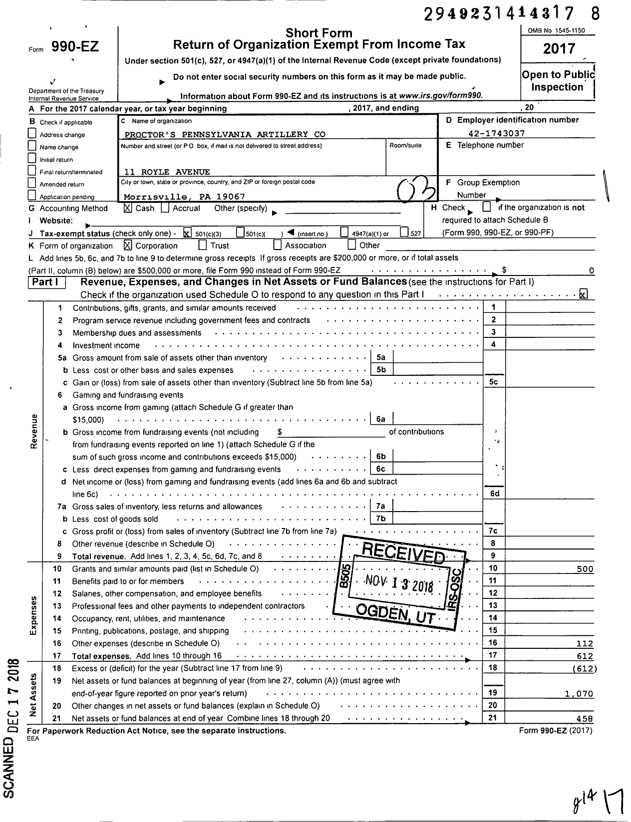 Image of first page of 2017 Form 990EZ for Proctors Pennsylvania Artillery