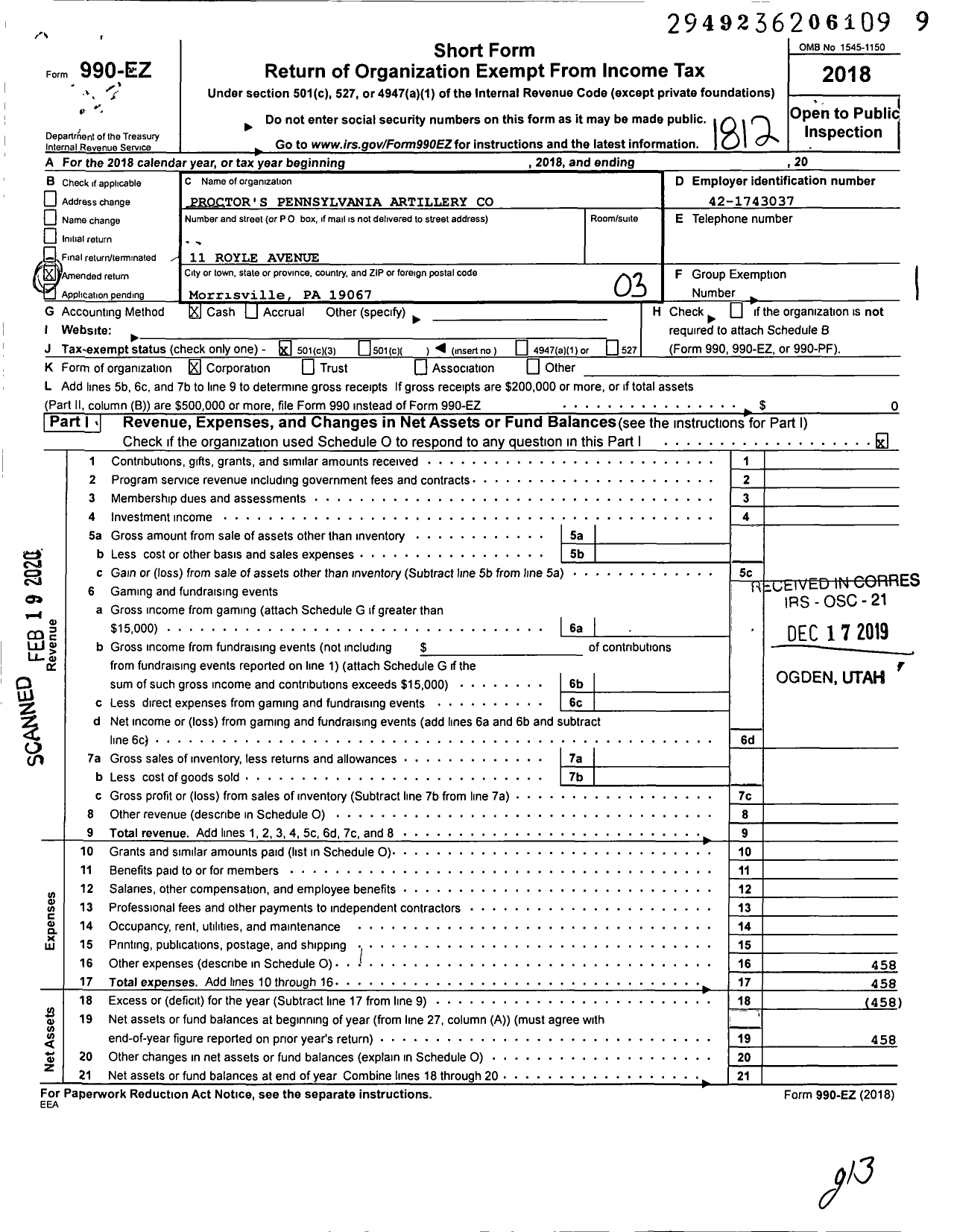 Image of first page of 2018 Form 990EZ for Proctors Pennsylvania Artillery