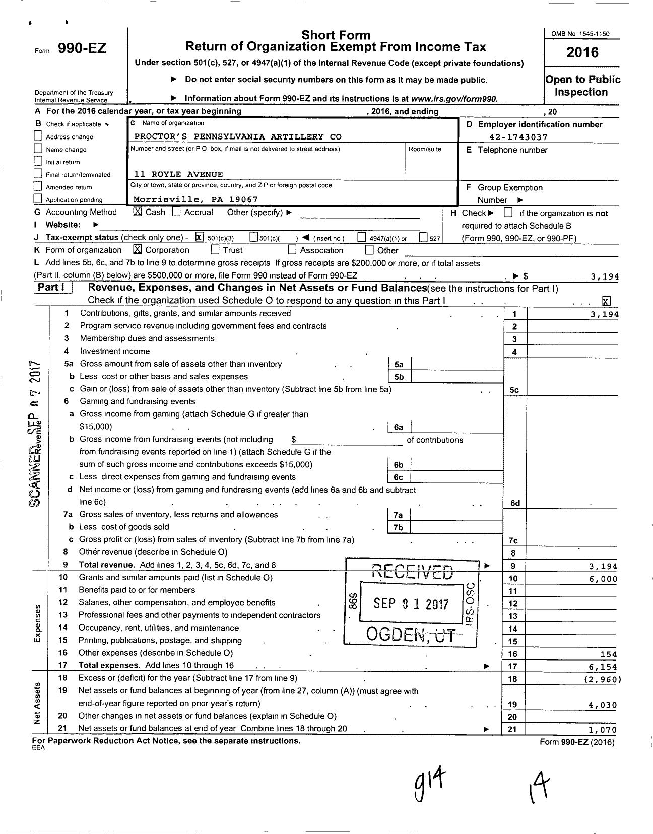 Image of first page of 2016 Form 990EZ for Proctors Pennsylvania Artillery