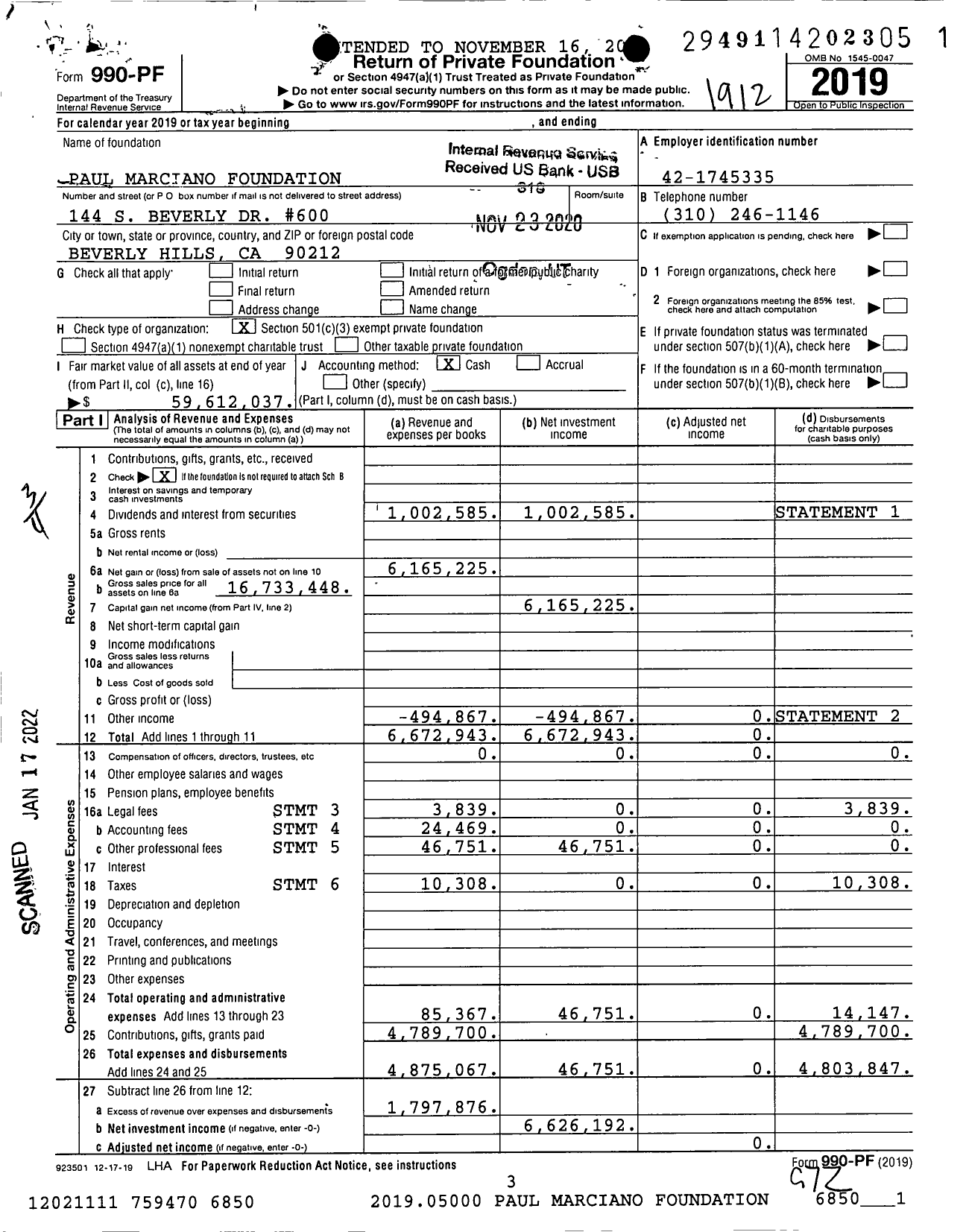 Image of first page of 2019 Form 990PF for Marciano Art Foundation