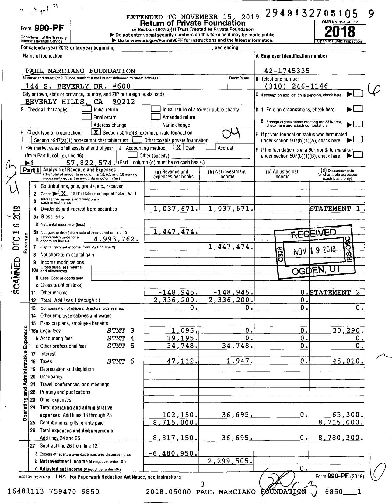 Image of first page of 2018 Form 990PF for Marciano Art Foundation