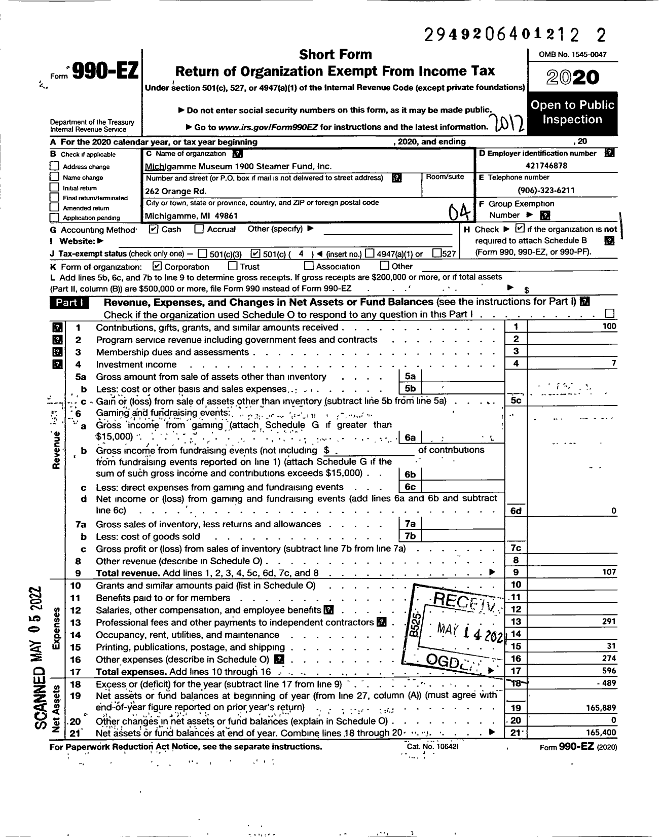 Image of first page of 2020 Form 990EO for Michigamme Museum 1900 Steamer Fund