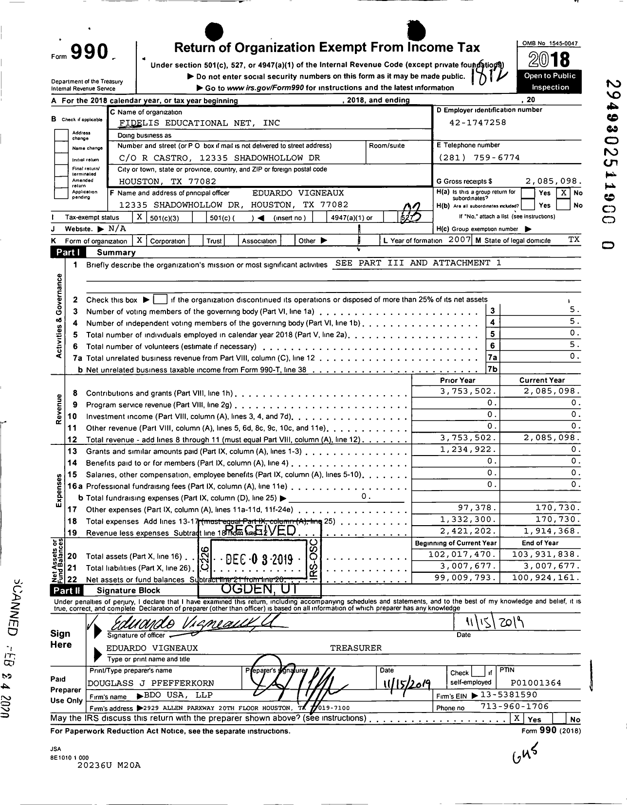 Image of first page of 2018 Form 990 for Fidelis Educational Net
