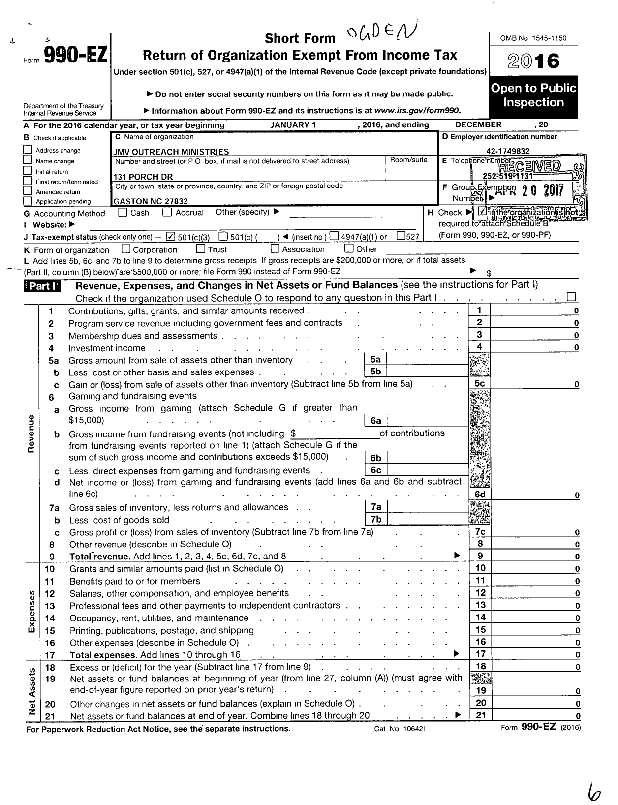 Image of first page of 2016 Form 990EZ for JMV Outreach Ministries