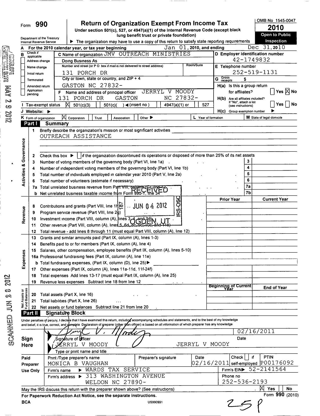 Image of first page of 2010 Form 990 for JMV Outreach Ministries