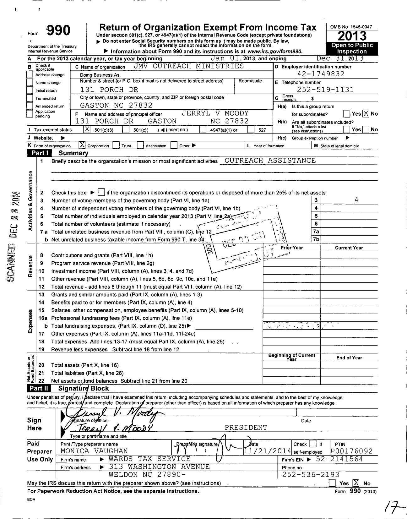 Image of first page of 2013 Form 990 for JMV Outreach Ministries