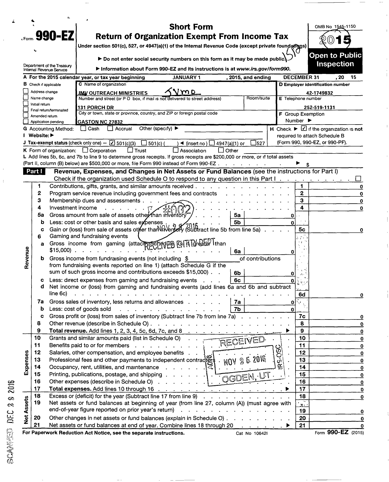 Image of first page of 2015 Form 990EZ for JMV Outreach Ministries