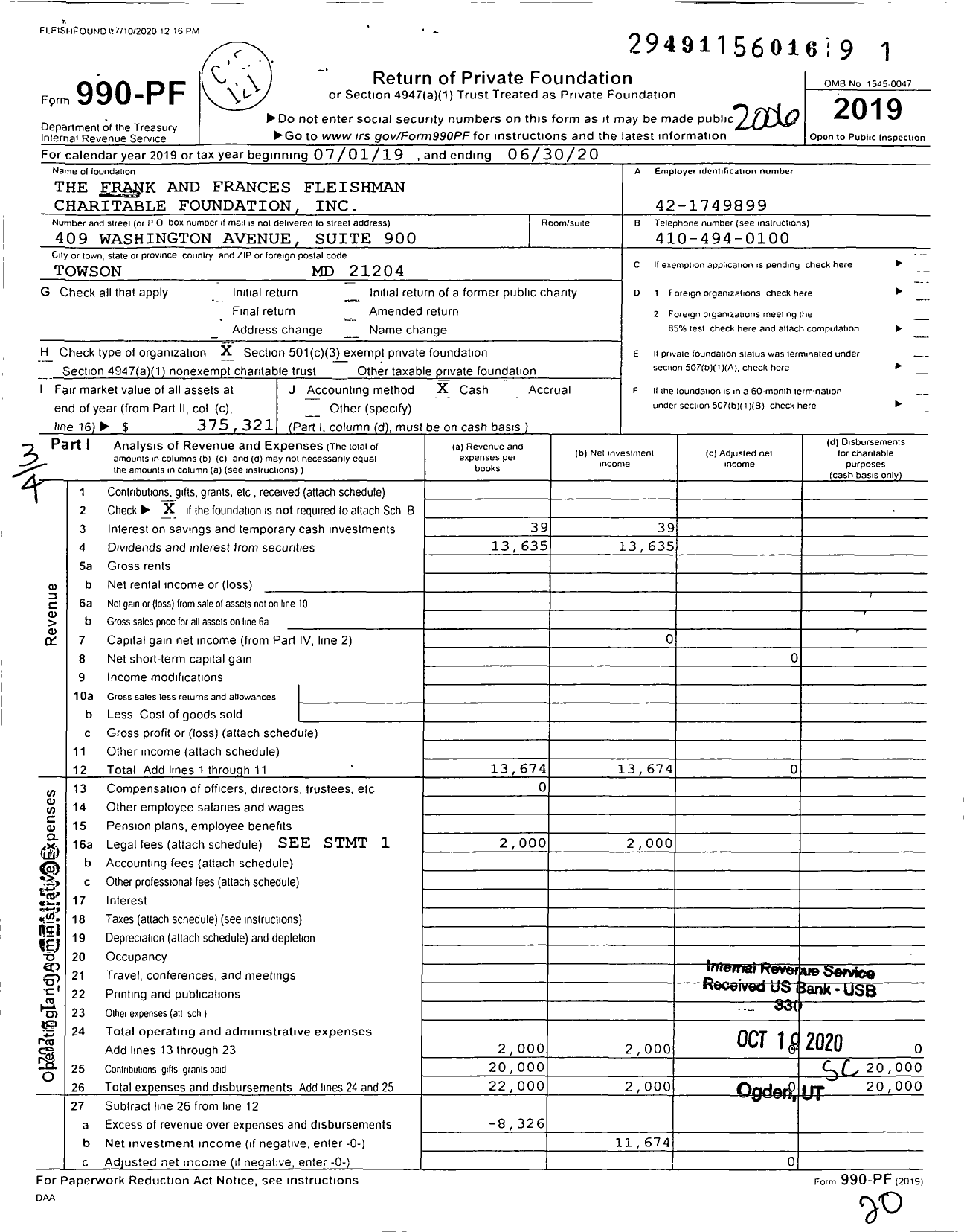 Image of first page of 2019 Form 990PF for The Frank and Frances Fleishman Charitable Foundation