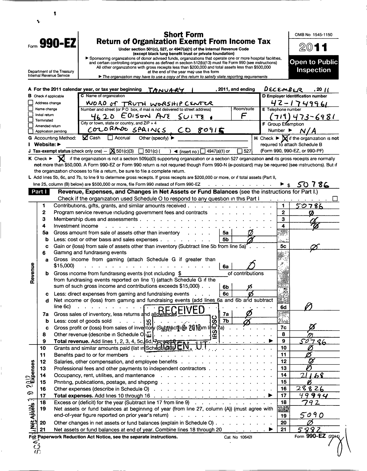 Image of first page of 2011 Form 990EZ for Word of Truth Worship Center