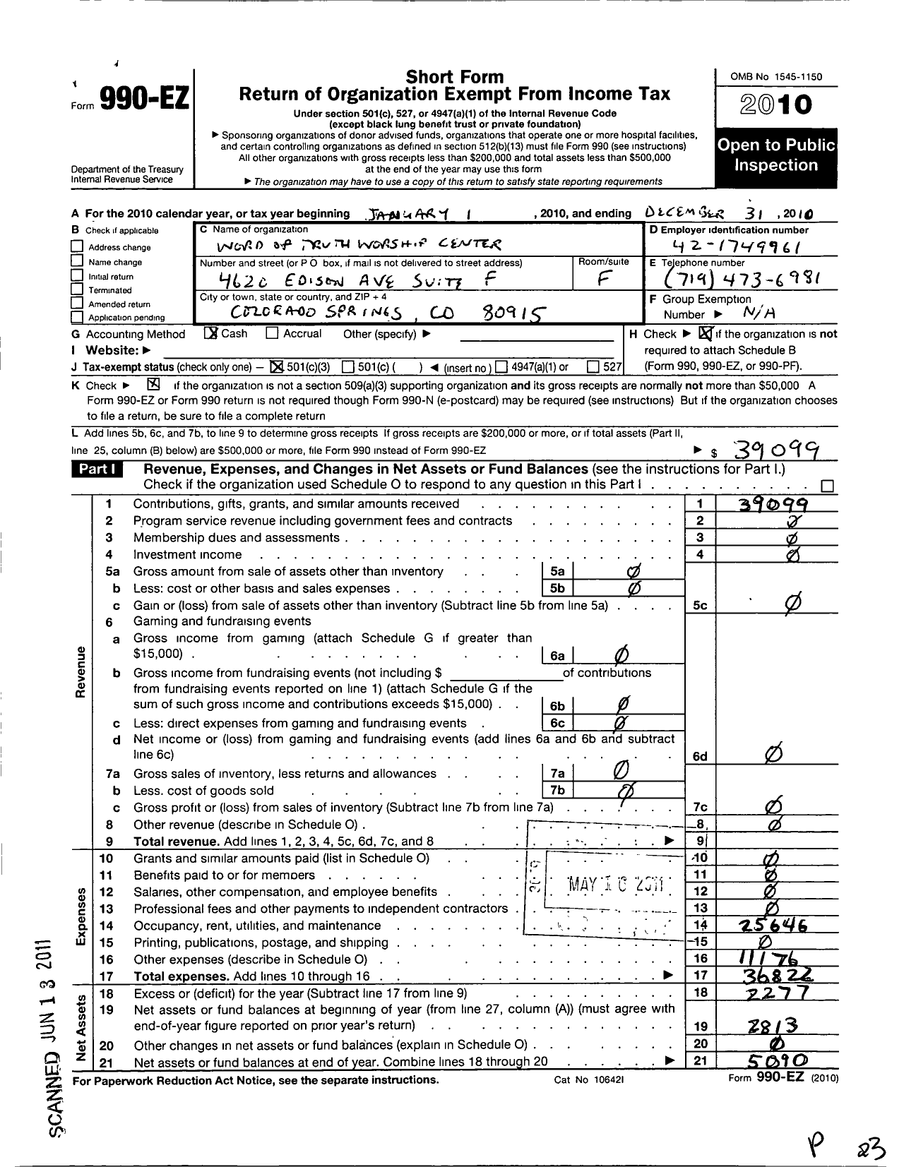 Image of first page of 2010 Form 990EZ for Word of Truth Worship Center