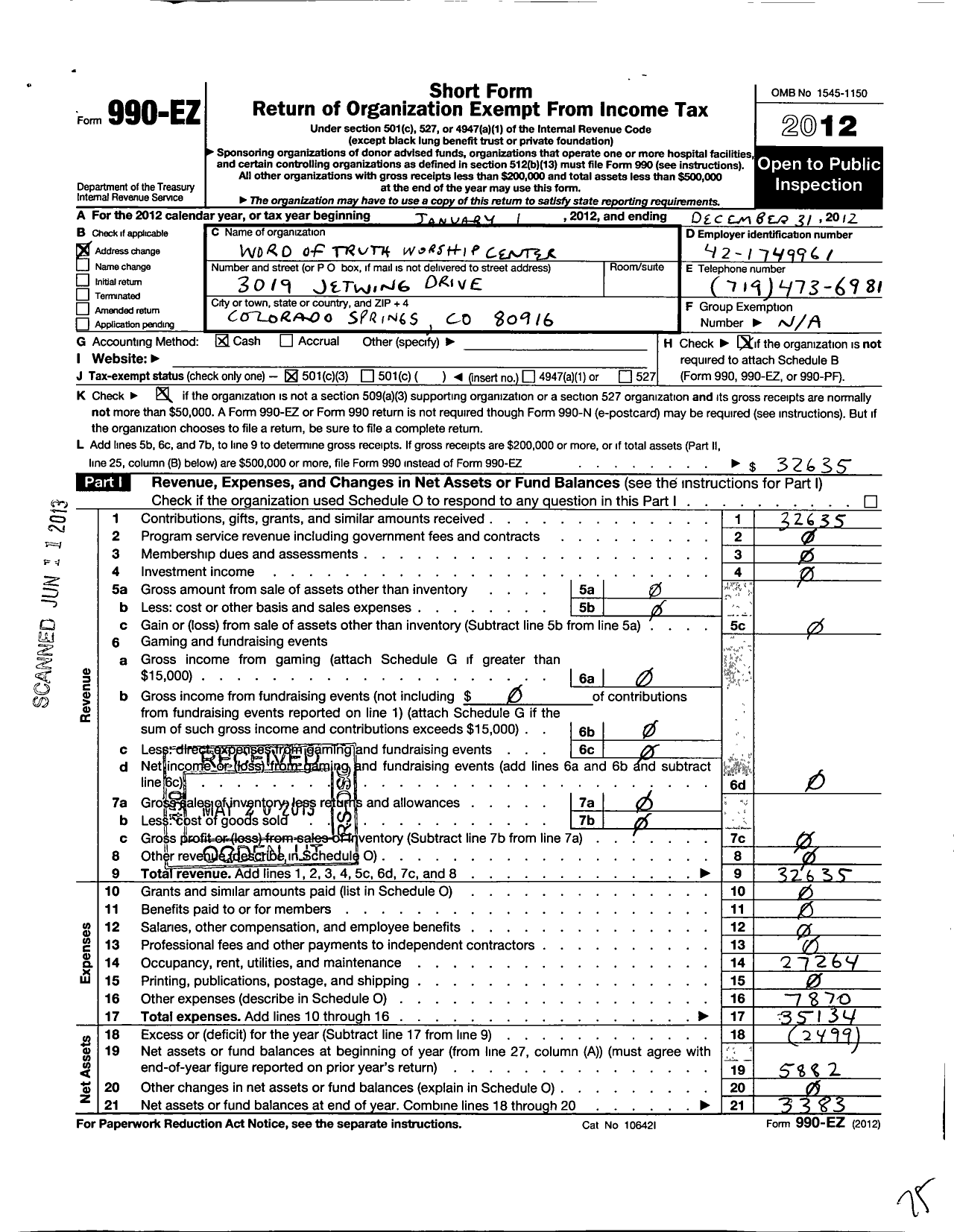 Image of first page of 2012 Form 990EZ for Word of Truth Worship Center