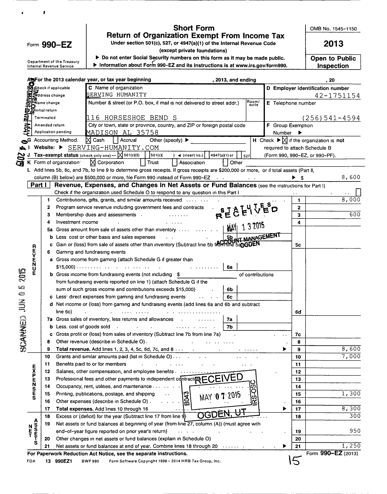 Image of first page of 2013 Form 990EZ for Serving Humanity