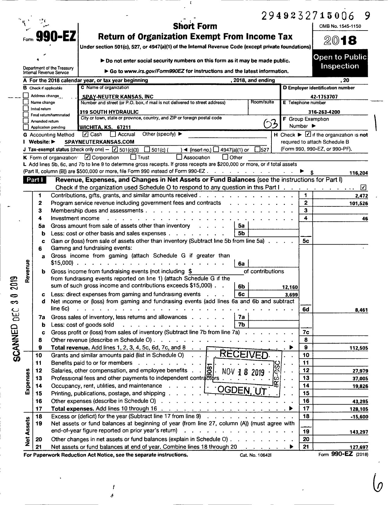 Image of first page of 2018 Form 990EZ for Spay-Neuter Kansas