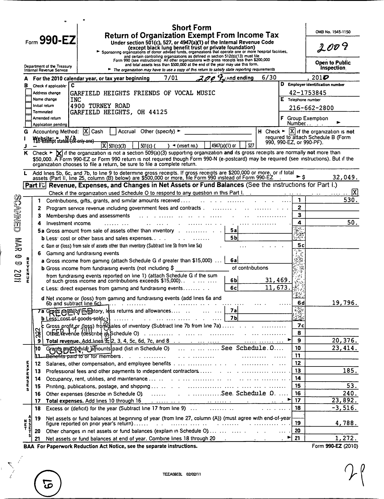 Image of first page of 2009 Form 990EZ for Garfield Heights Friends of Vocal Music