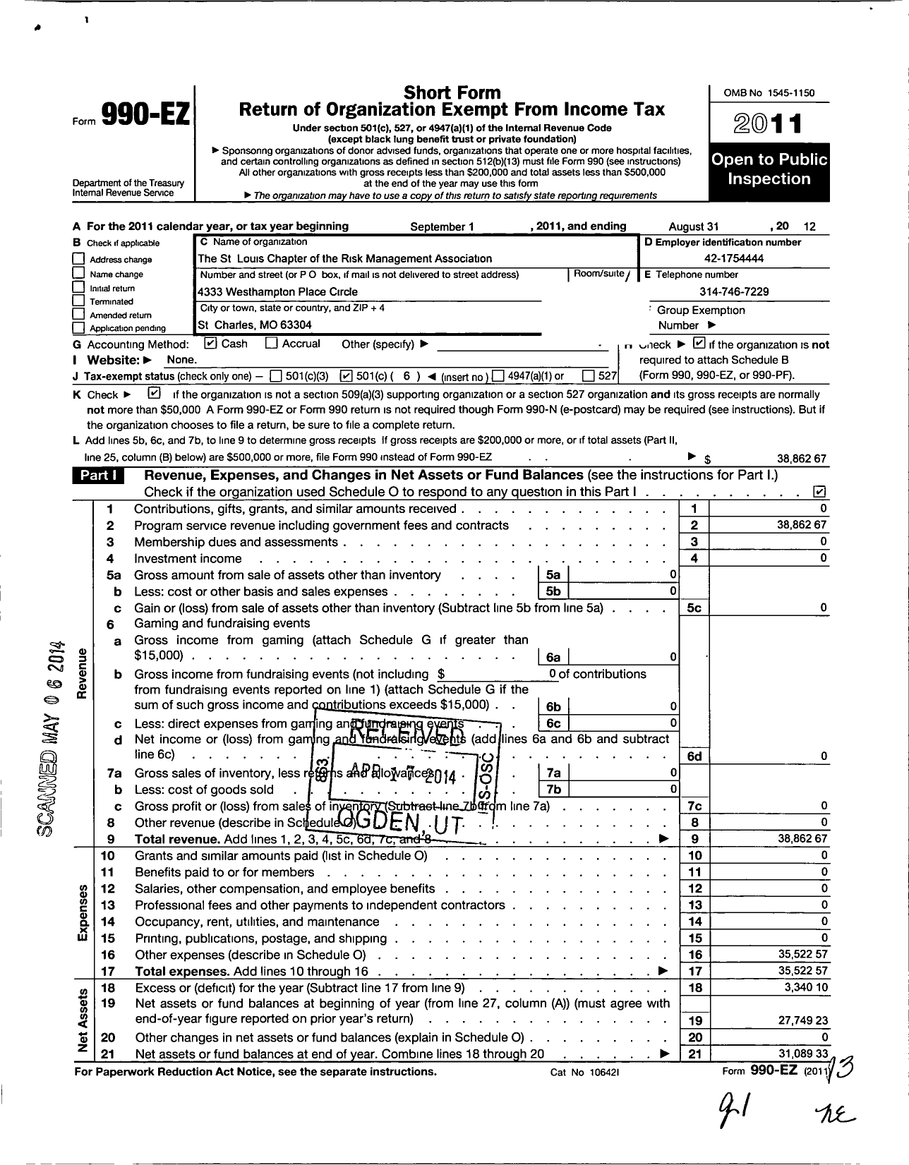 Image of first page of 2011 Form 990EO for The St Louis Chapter of the Risk Management Association