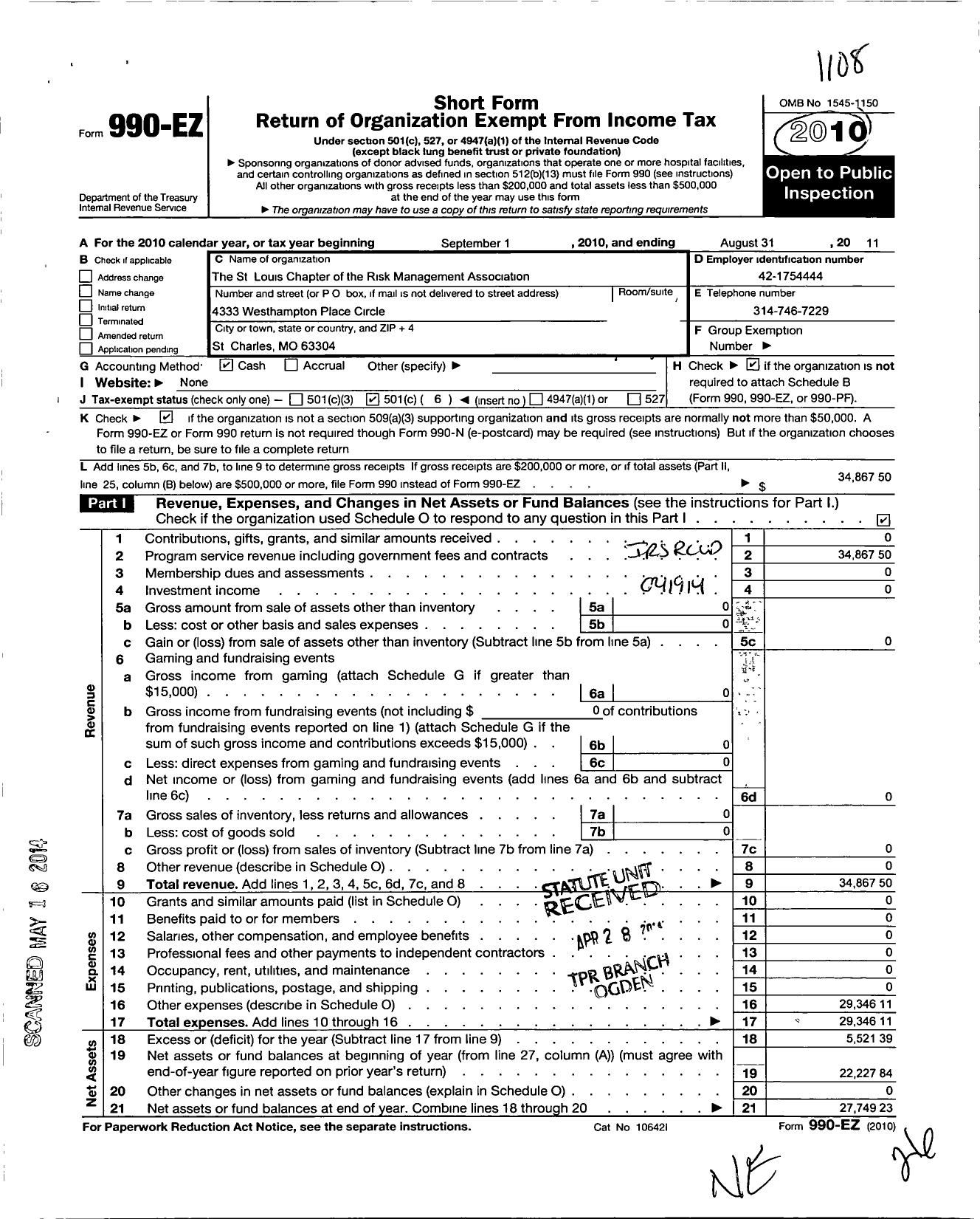 Image of first page of 2010 Form 990EO for The St Louis Chapter of the Risk Management Association