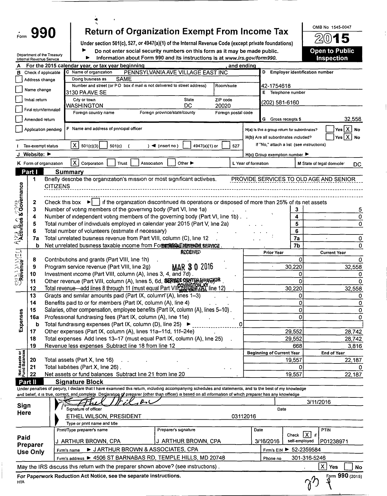 Image of first page of 2015 Form 990 for Pennsylvania Village East