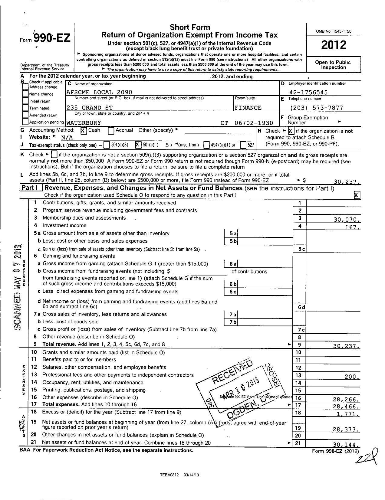 Image of first page of 2012 Form 990EO for American Federation of State County & Municipal Employees - L2090CT Waterbury CT Admin Spvry Em