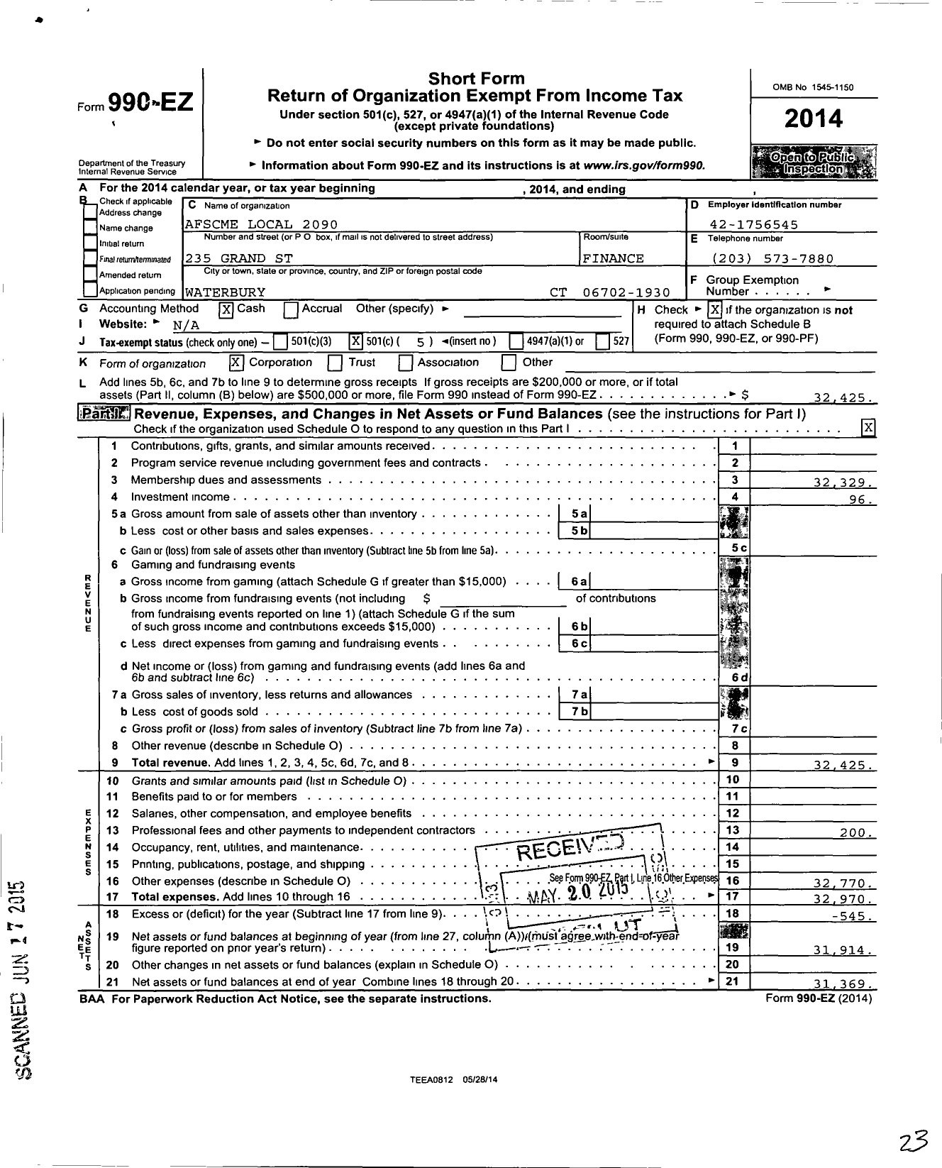 Image of first page of 2014 Form 990EO for American Federation of State County & Municipal Employees - L2090CT Waterbury CT Admin Spvry Em