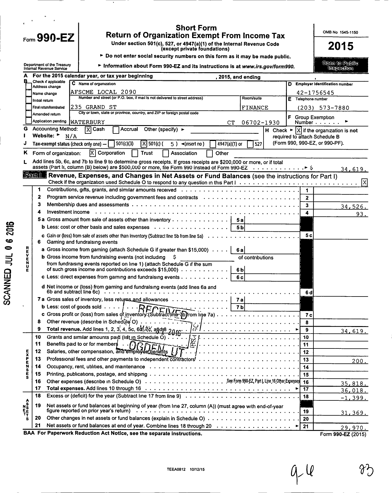 Image of first page of 2015 Form 990EO for American Federation of State County & Municipal Employees - L2090CT Waterbury CT Admin Spvry Em