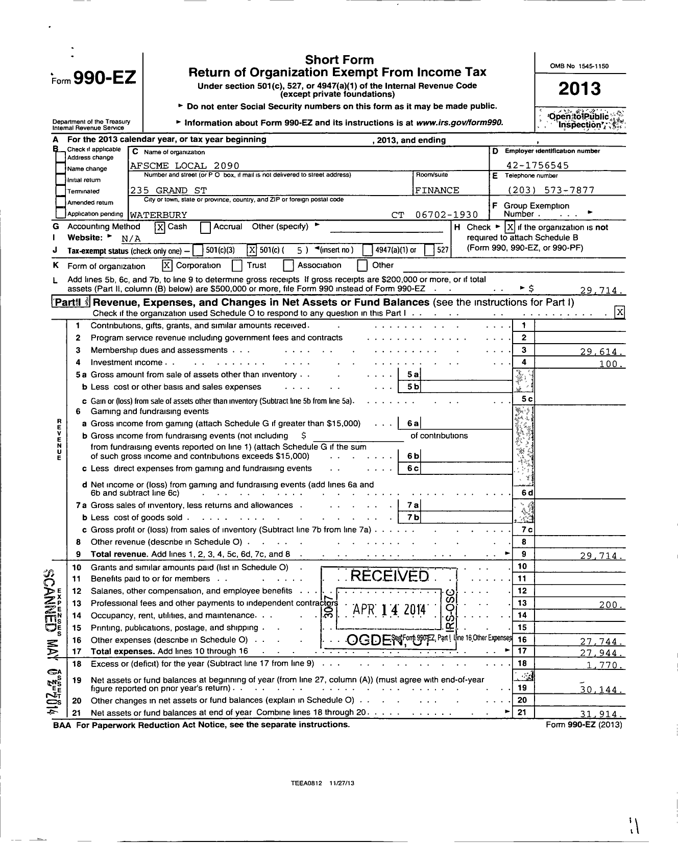 Image of first page of 2013 Form 990EO for American Federation of State County & Municipal Employees - L2090CT Waterbury CT Admin Spvry Em