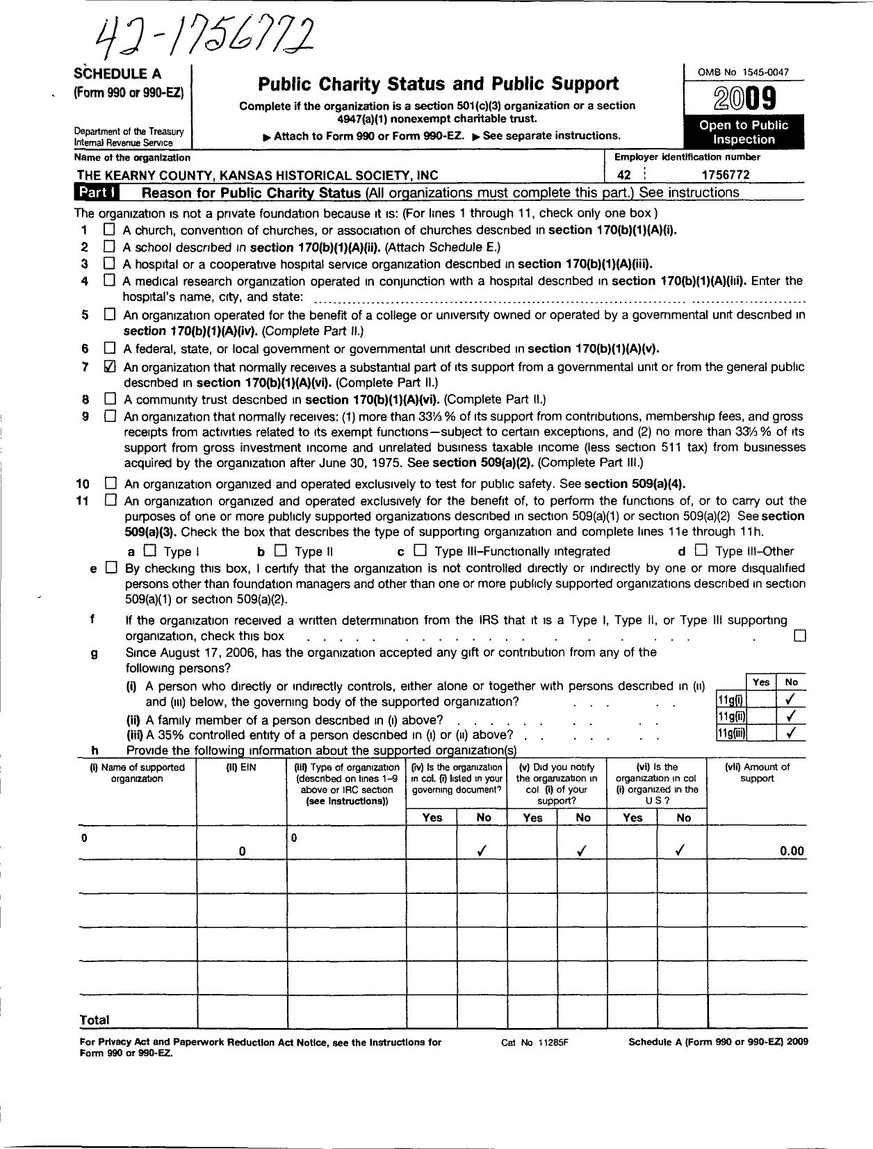 Image of first page of 2009 Form 990ER for The Kearny County Kansas Historical Society