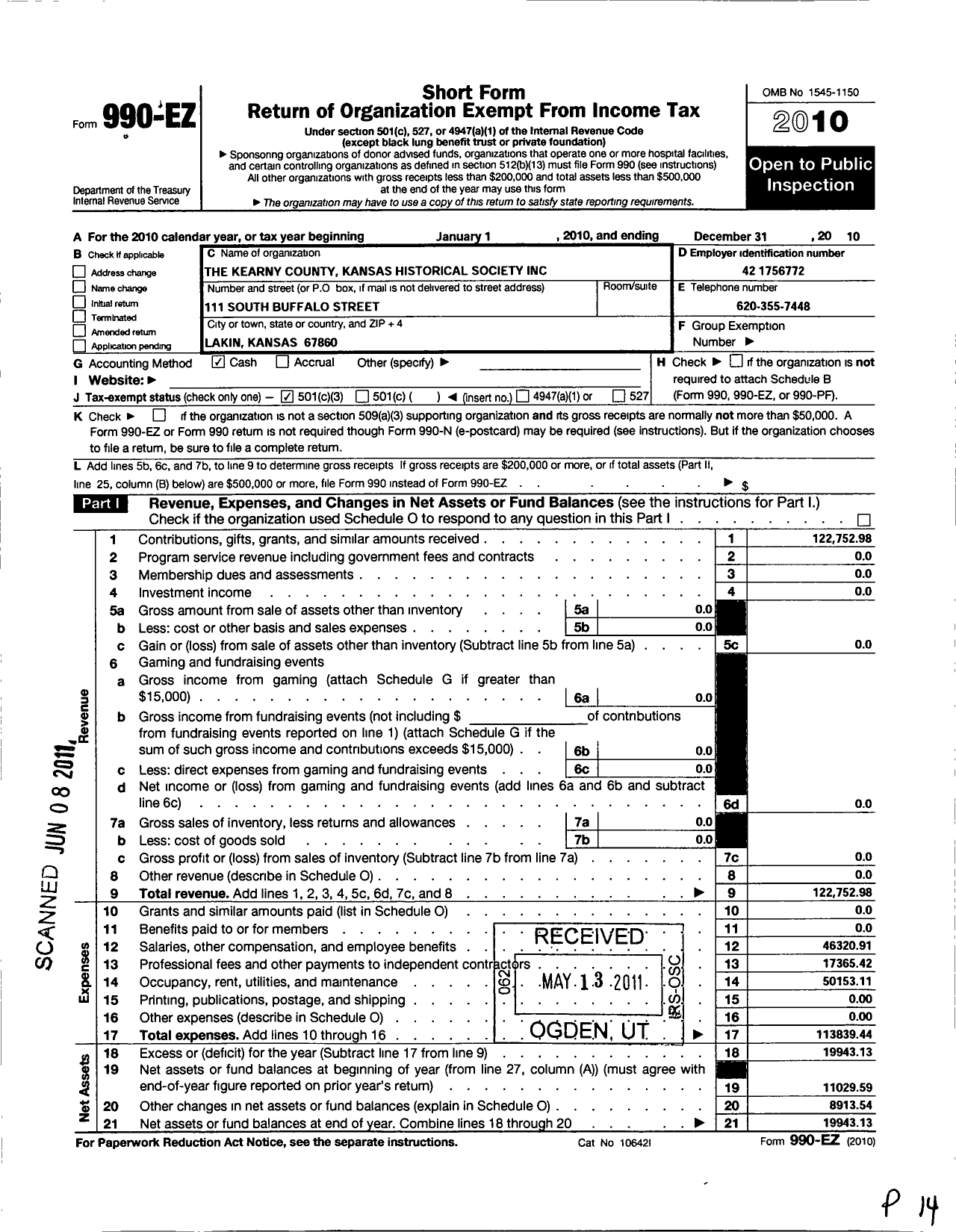 Image of first page of 2010 Form 990EZ for The Kearny County Kansas Historical Society