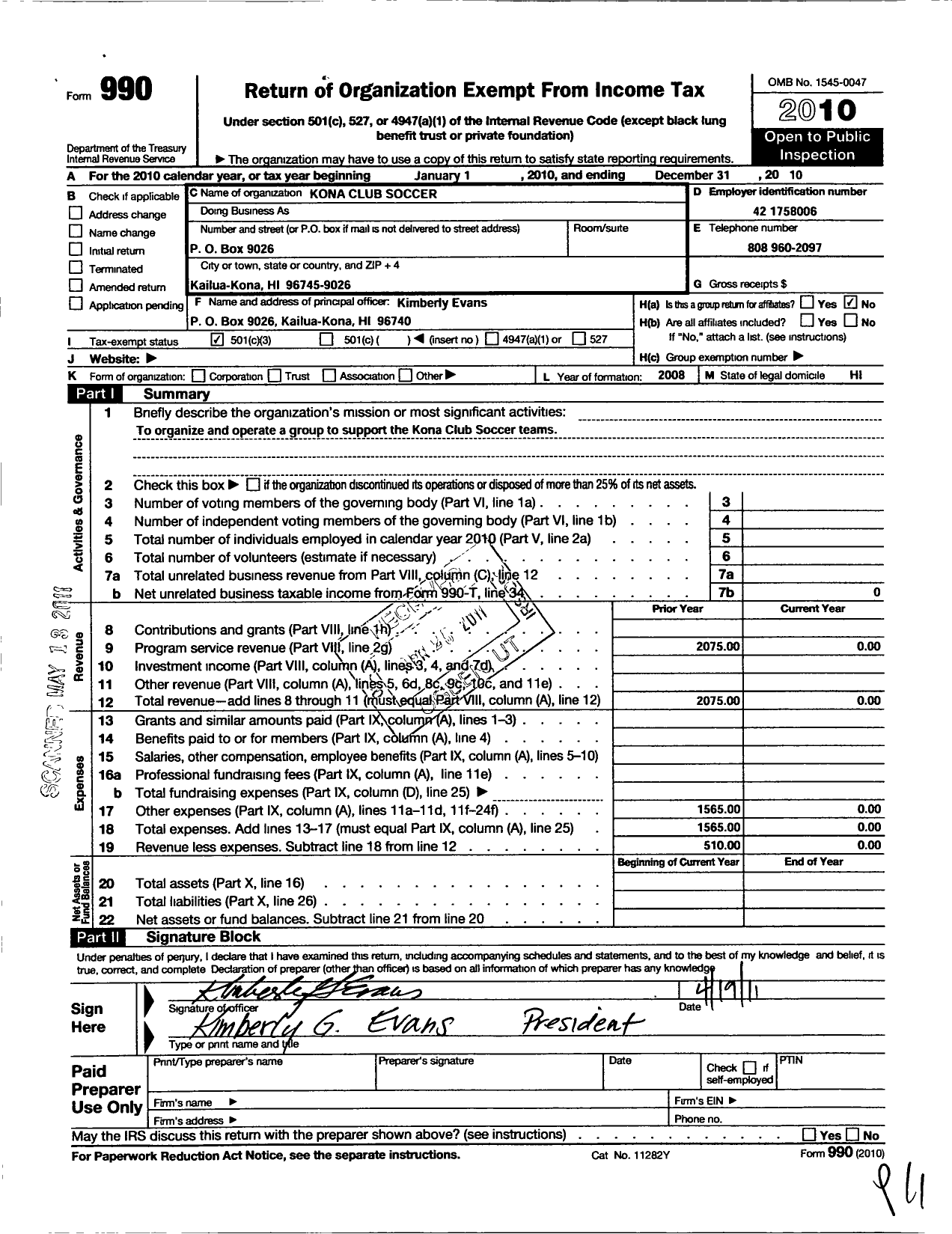 Image of first page of 2010 Form 990 for Kona Club Soccer