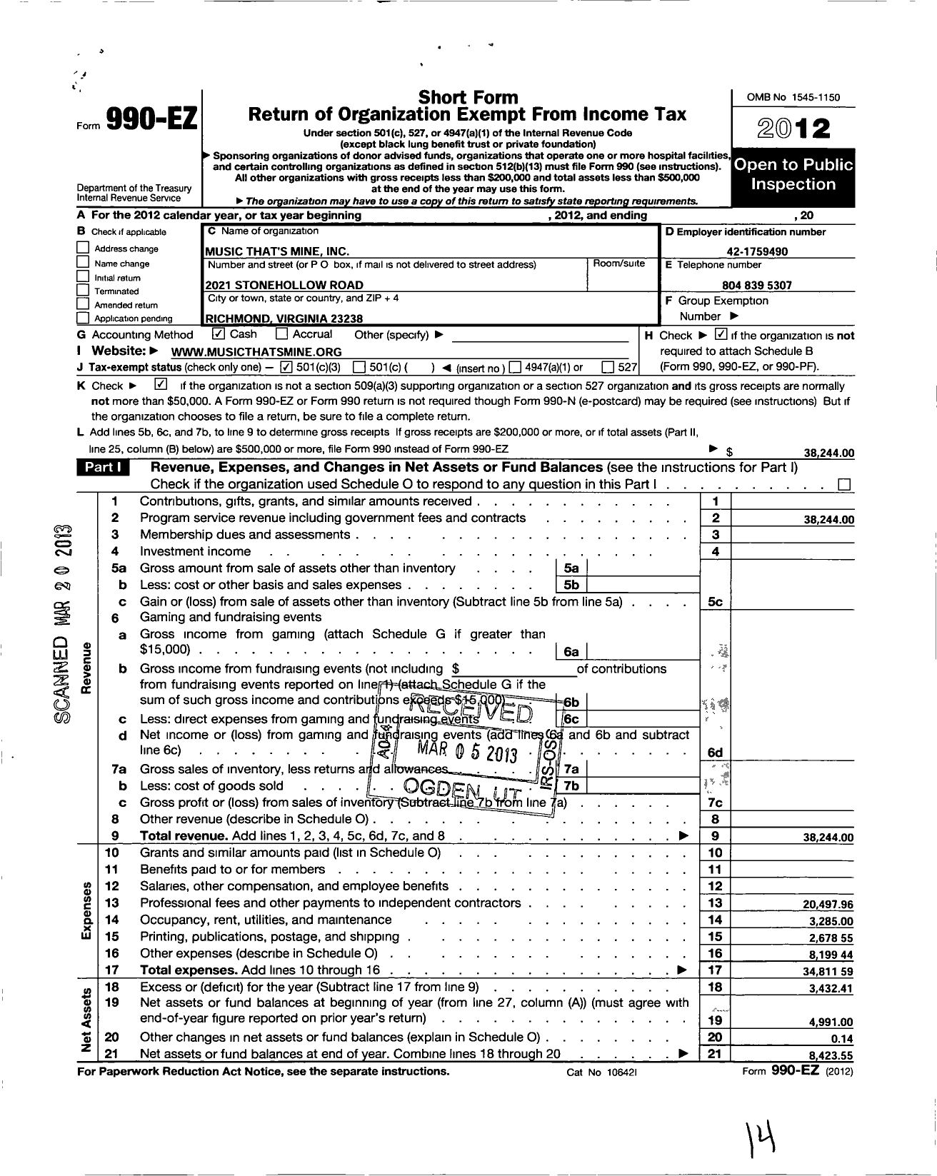 Image of first page of 2012 Form 990EZ for Music Thats Mine