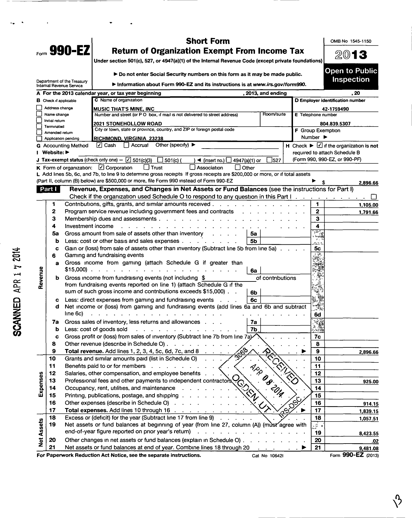 Image of first page of 2013 Form 990EZ for Music Thats Mine