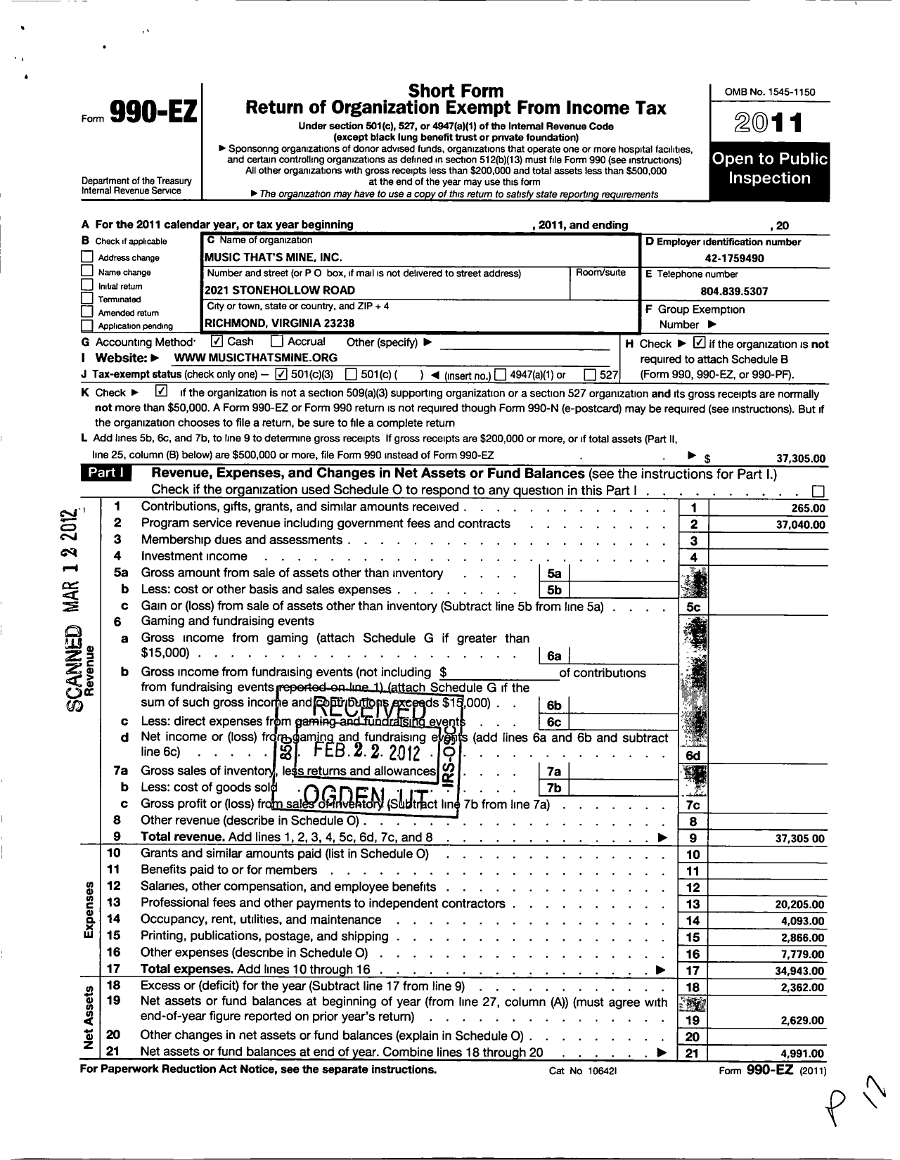 Image of first page of 2011 Form 990EZ for Music Thats Mine