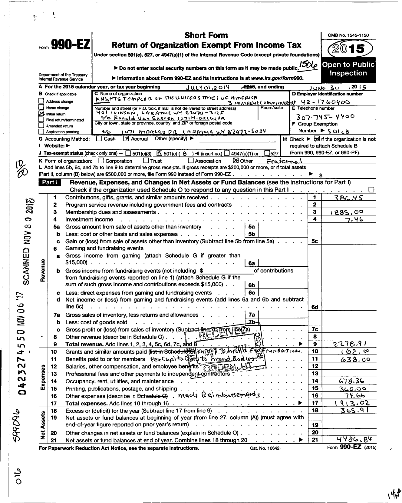 Image of first page of 2014 Form 990EO for Knights Templar - 3 Immanuel Commandery