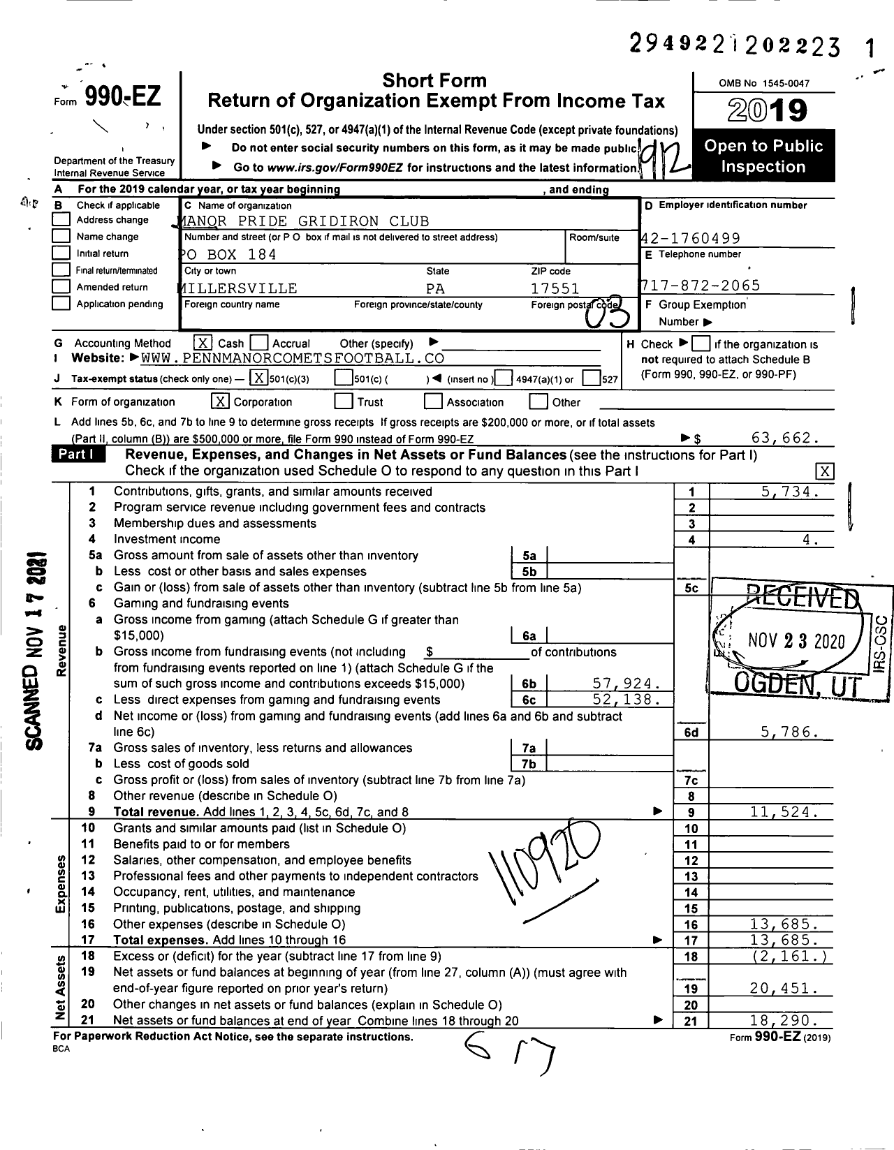 Image of first page of 2019 Form 990EZ for Manor Pride Gridiron Club