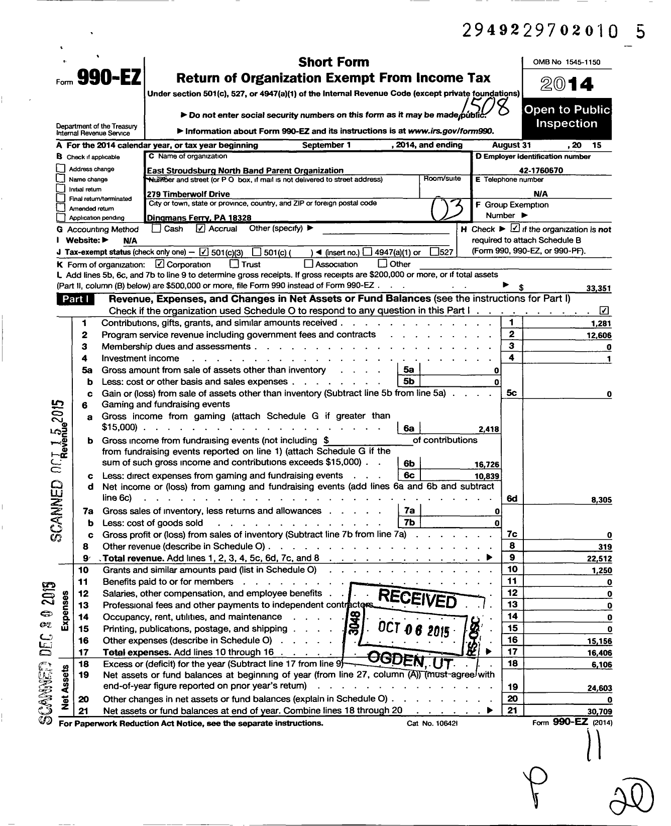 Image of first page of 2014 Form 990EZ for East Stroudsburg North Band Parents Organization