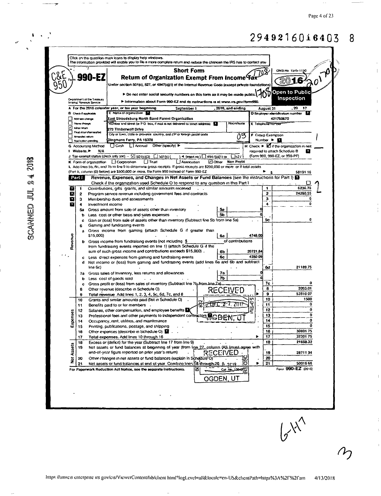 Image of first page of 2016 Form 990EZ for East Stroudsburg North Band Parents Organization