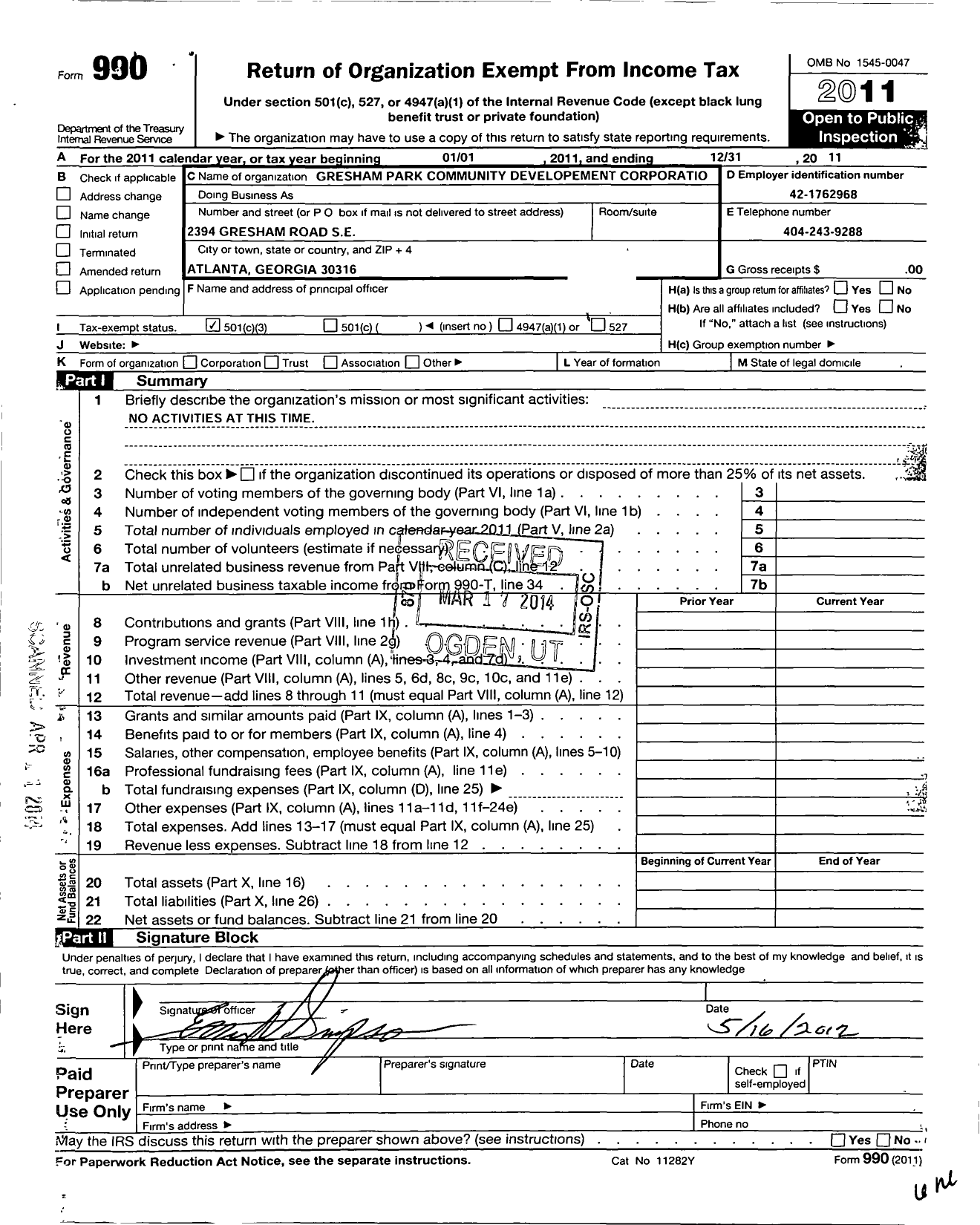 Image of first page of 2011 Form 990 for Gresham Park Community Development Corporation