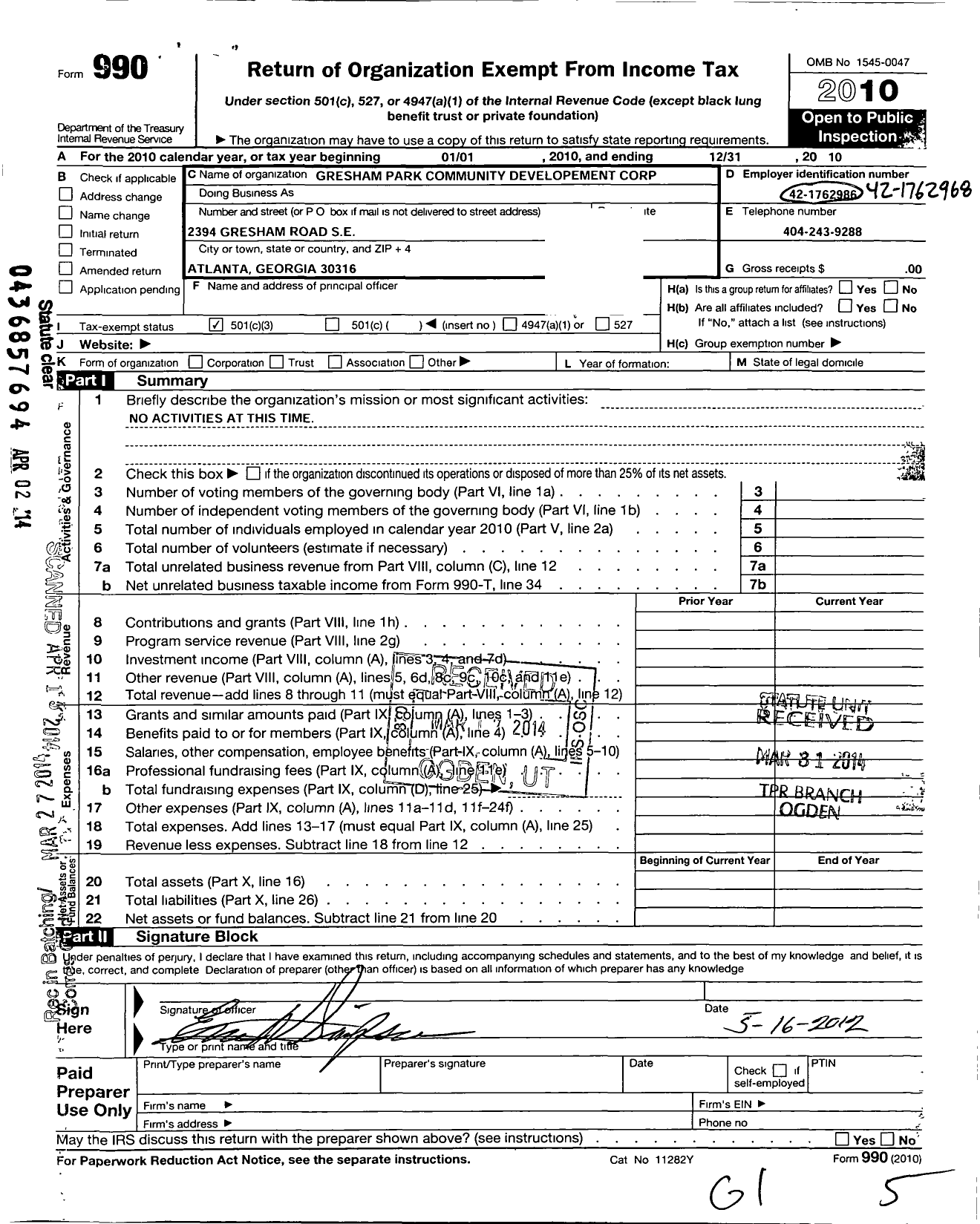 Image of first page of 2010 Form 990 for Gresham Park Community Development Corporation