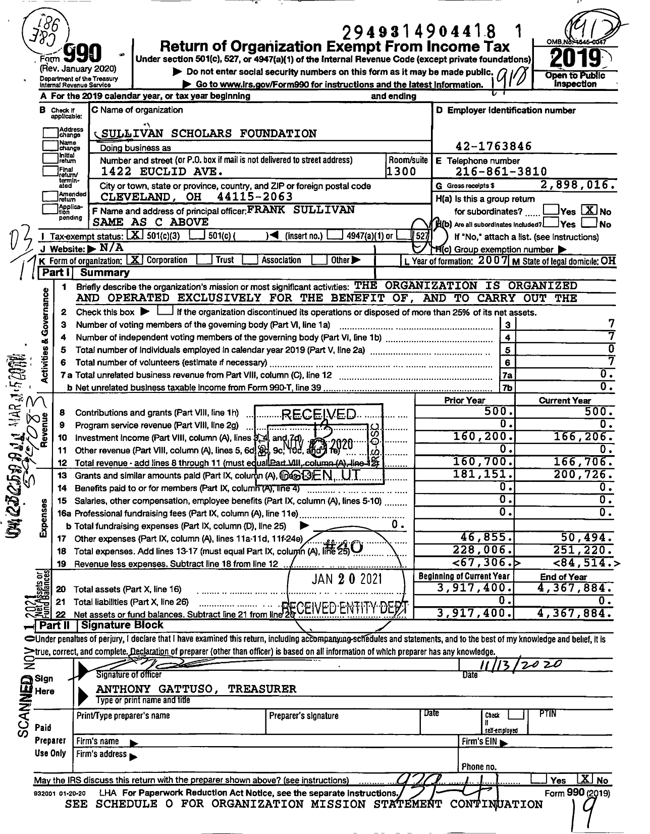 Image of first page of 2019 Form 990 for Sullivan Scholars Foundation