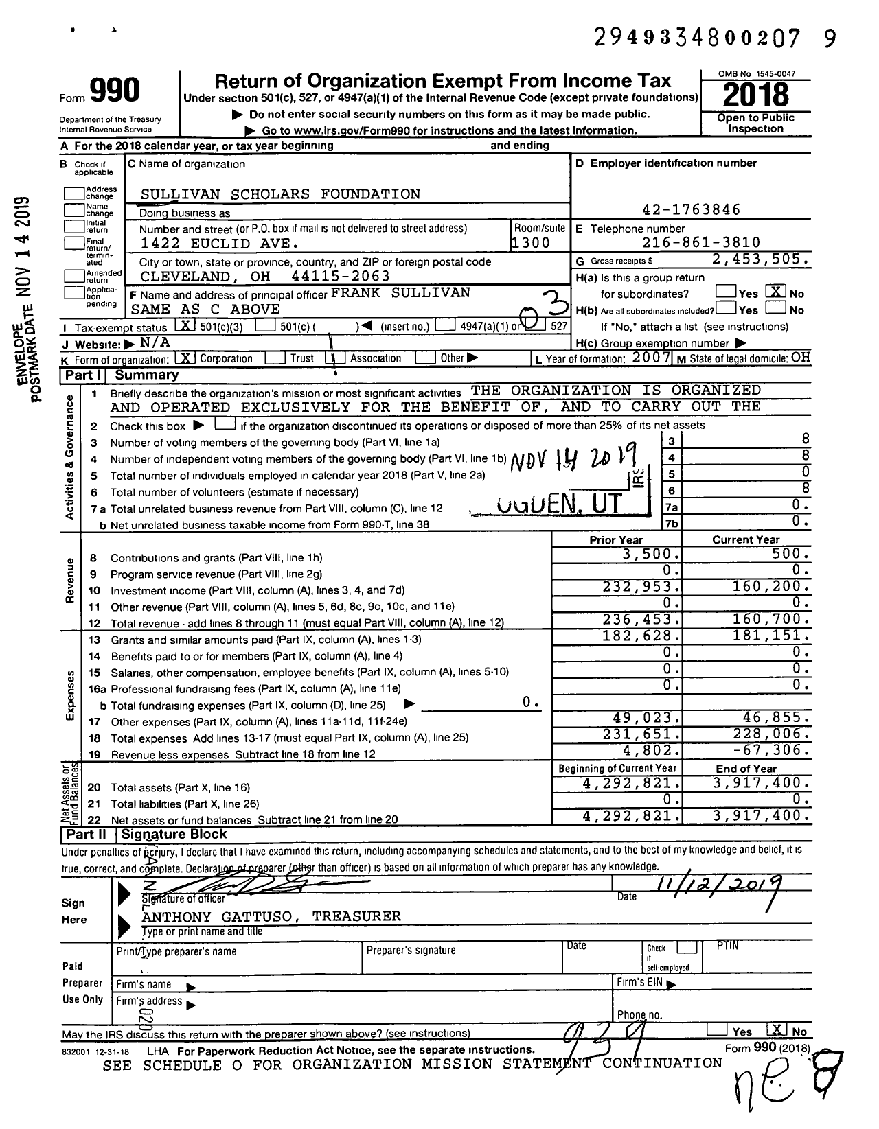 Image of first page of 2018 Form 990 for Sullivan Scholars Foundation