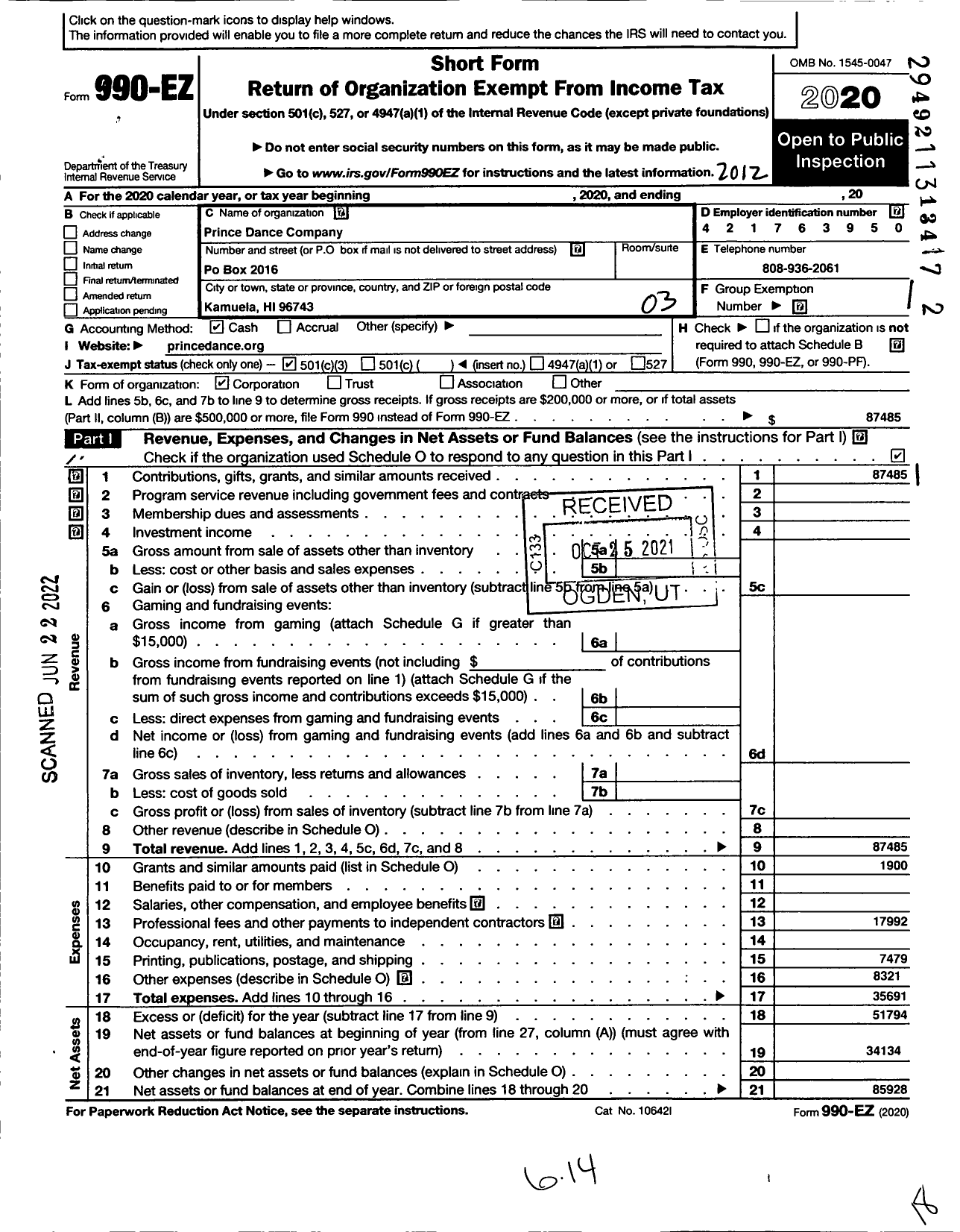 Image of first page of 2020 Form 990EZ for Prince Dance Company