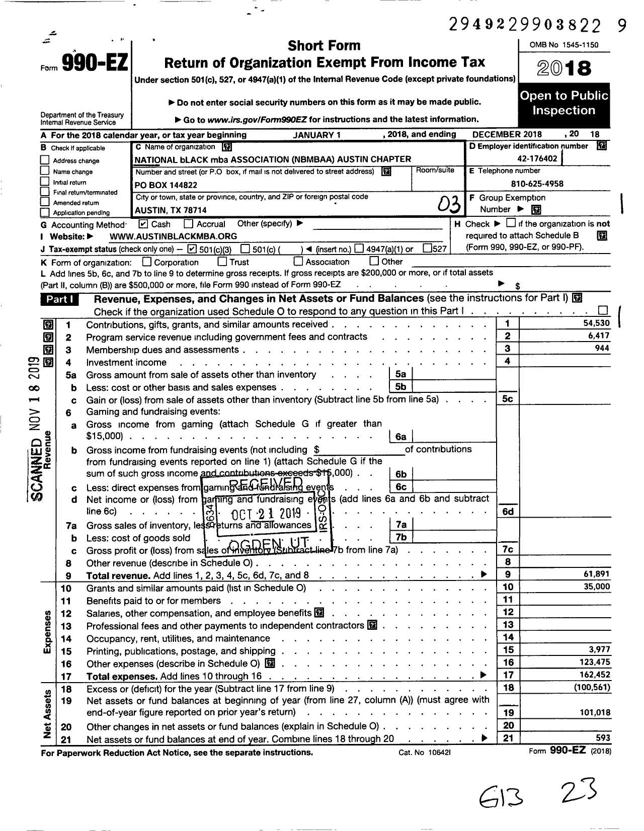 Image of first page of 2018 Form 990EZ for Nbmbaa-Austin Chapter