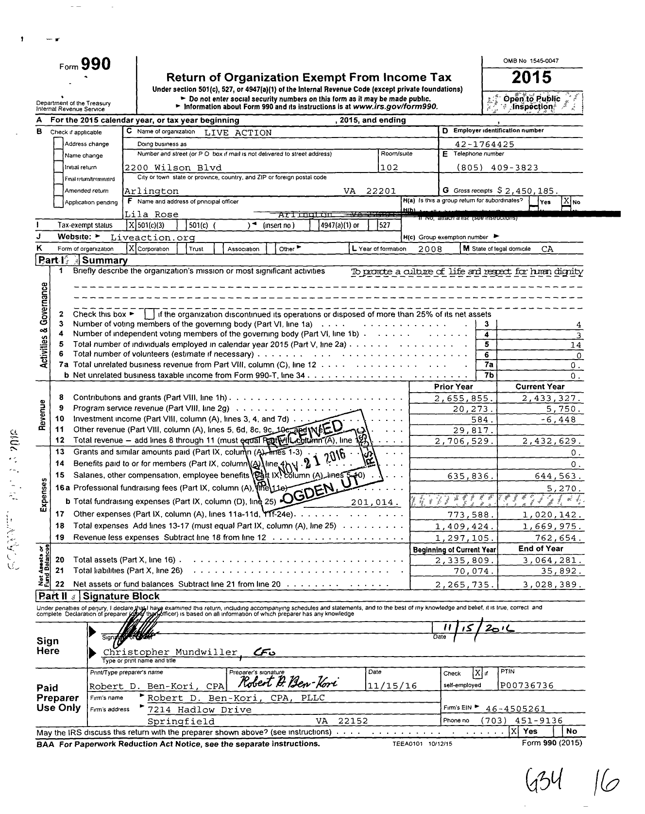 Image of first page of 2015 Form 990 for Live Action