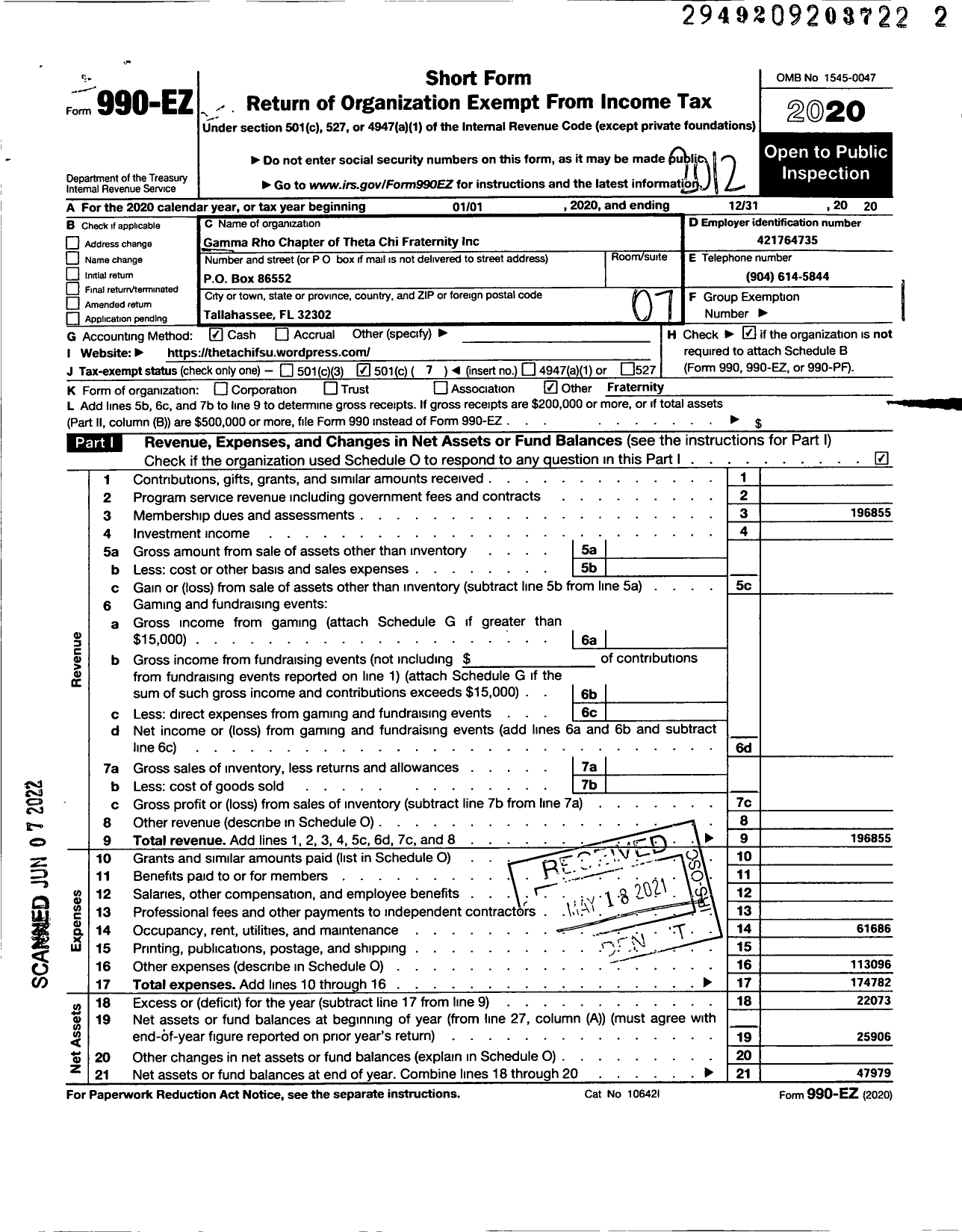 Image of first page of 2020 Form 990EO for Gamma Rho Chapter of Theta Chi Fraternity