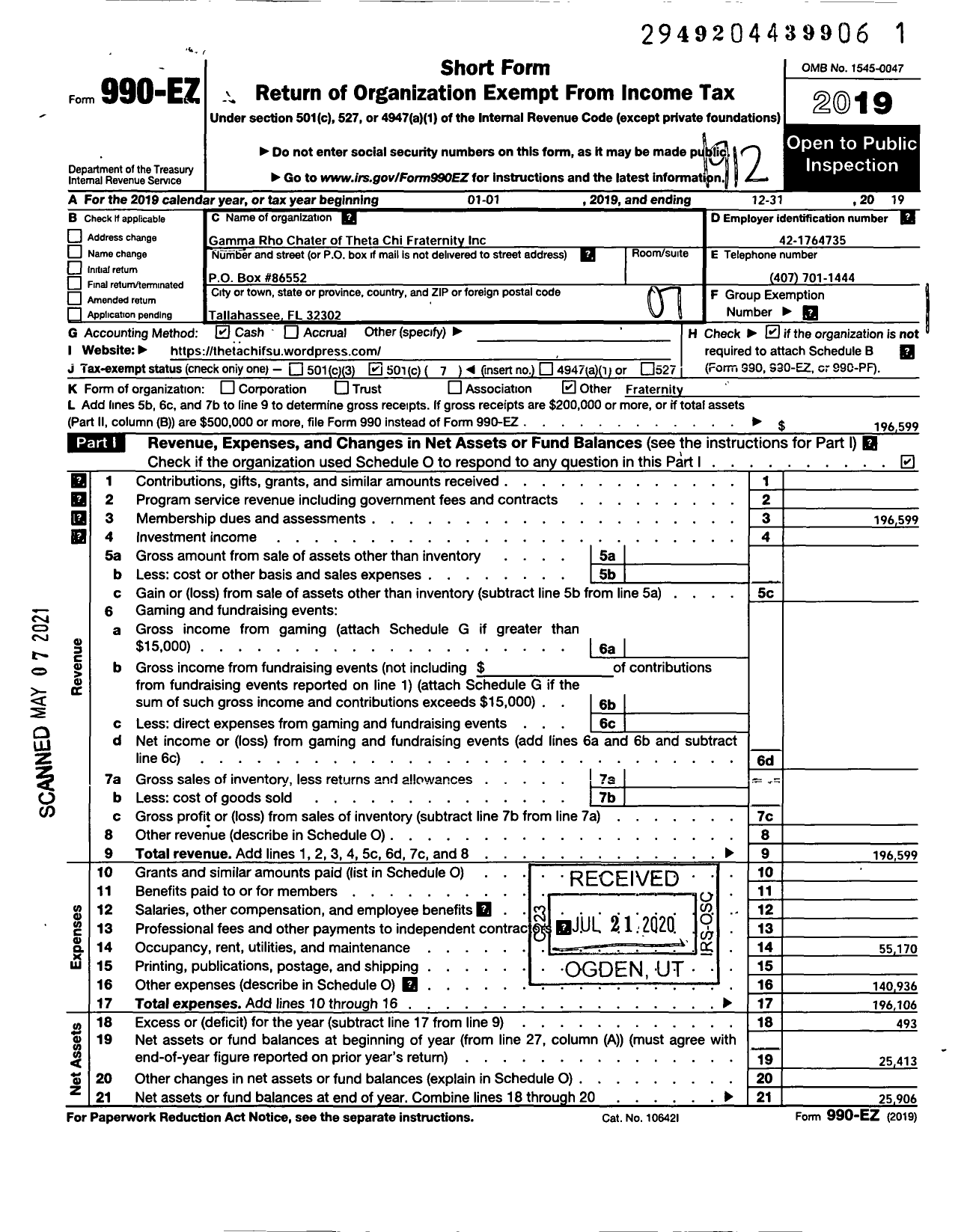 Image of first page of 2019 Form 990EO for Gamma Rho Chapter of Theta Chi Fraternity