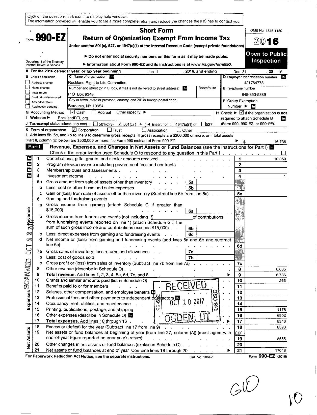 Image of first page of 2016 Form 990EO for Rockland Right To Life Committee